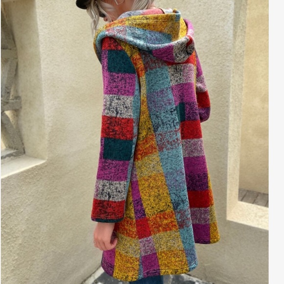 Cozy Boho Plaid Color Block Pocket Hoodie Hooded Coat Jacket Vibrant Colorful - Picture 7 of 8
